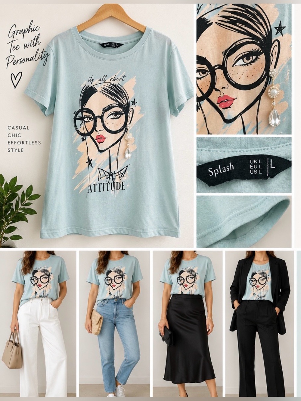 Splash Light Blue Graphic Tee with Illustrated Face and Pearl Detail